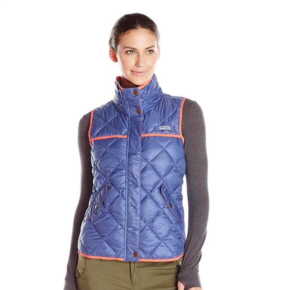 Columbia Women Puffer Vest PFG Fishing Blue Peach Quilted Zip Storm Flap Sz Sm